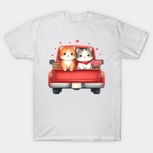 Valentine Cat Couple Sitting On Truck T-Shirt by Chromatic Fusion Studio